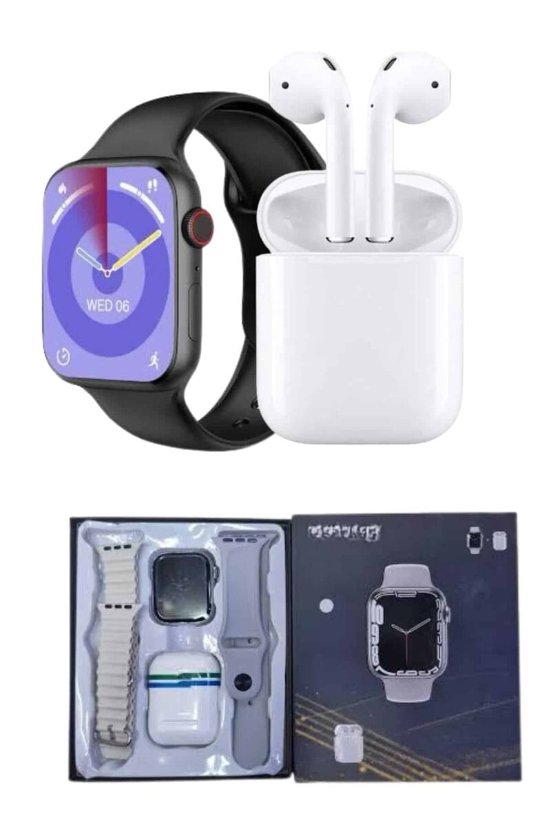 Akıllı Saat Gümüş Kasa Bluetooth Kulaklık Hediyeli Çok Fonksiyonlu İkili Set