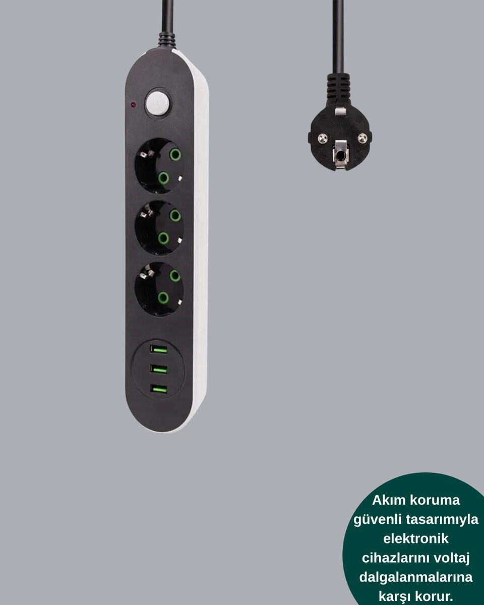 Akım Korumalı Anahtarlı USB Girişli Üçlü Priz
