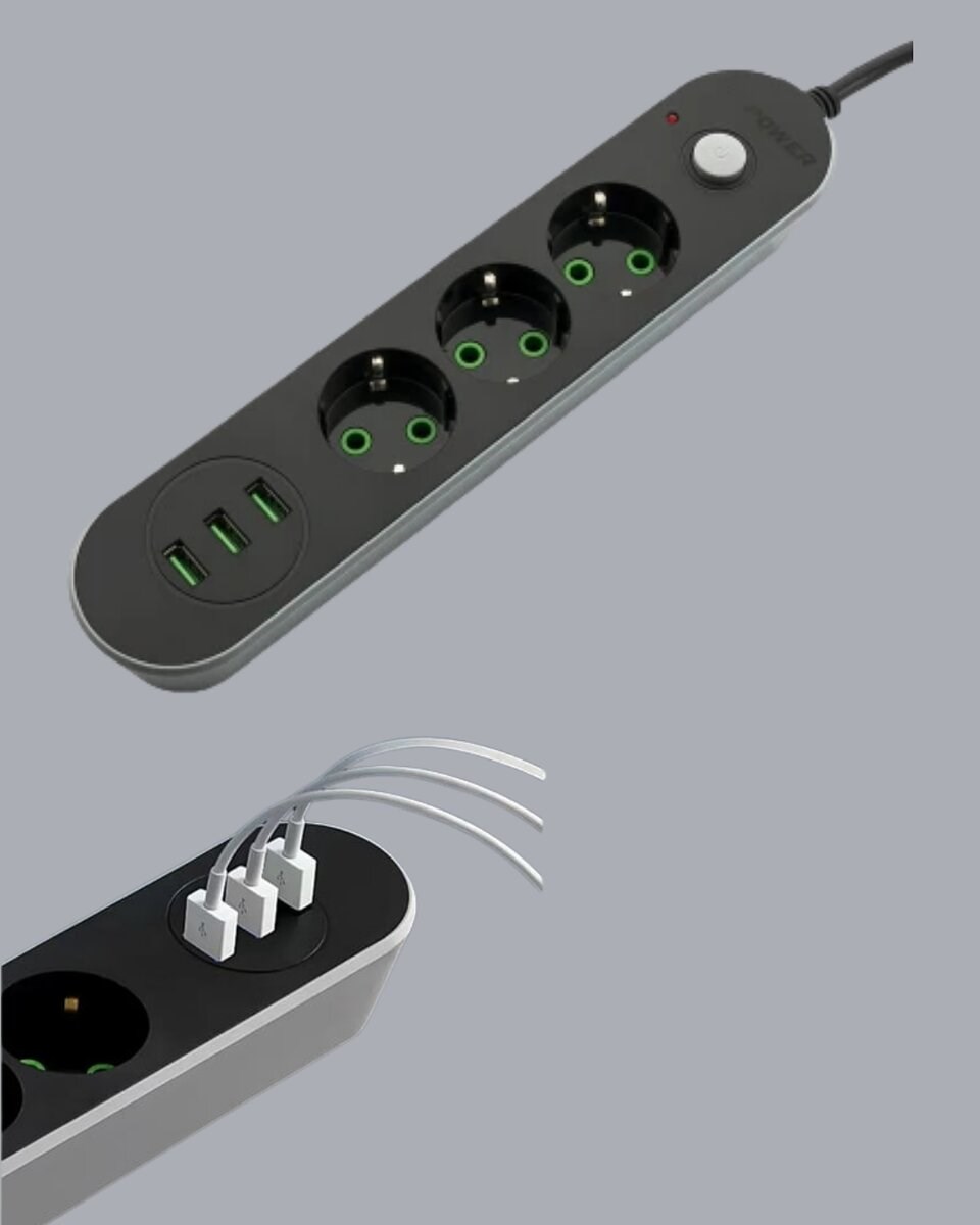 Akım Korumalı Anahtarlı USB Girişli Üçlü Priz