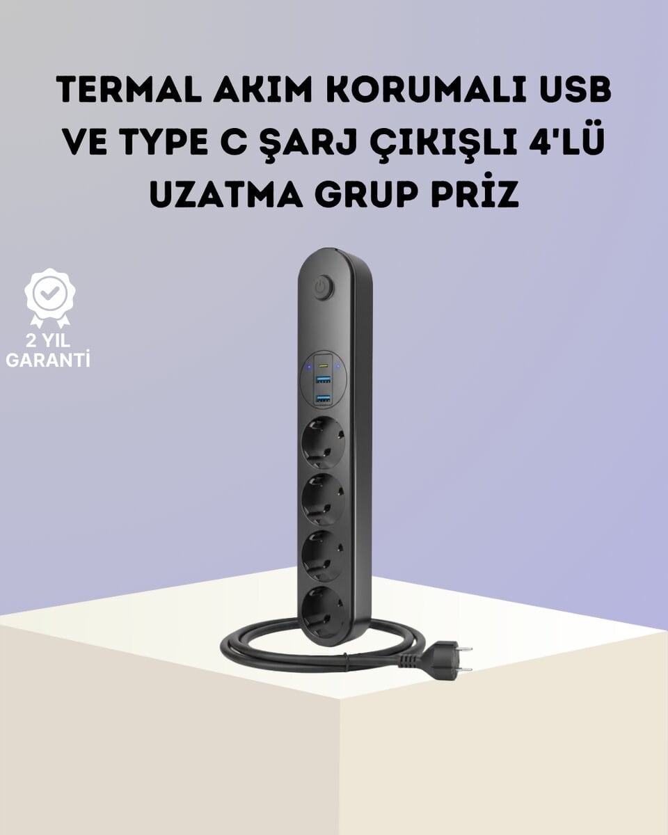 Akım Korumalı Çoklu Priz 4’lü 2 USB 1 Type-C 2500W Güçlü Tasarım