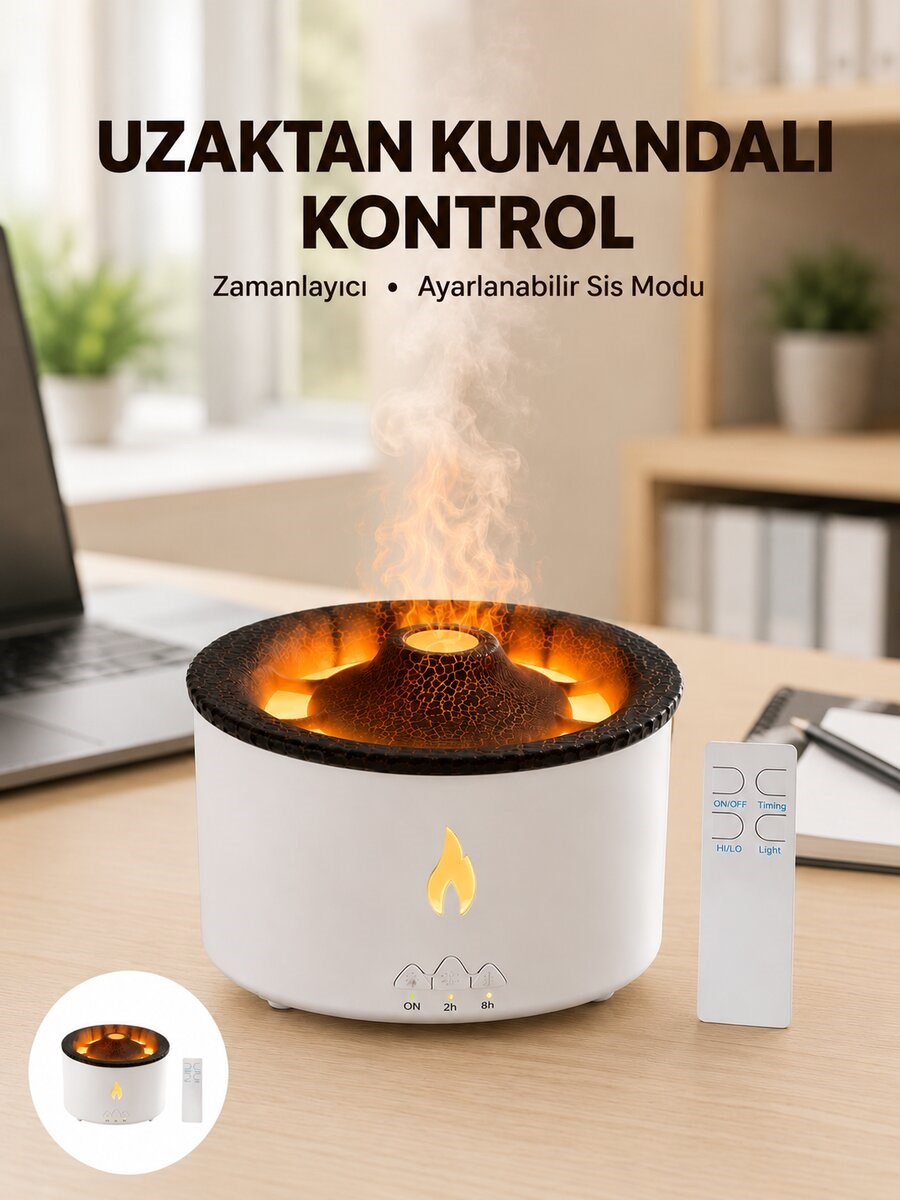 Alev Efektli Buhar Makinesi – Aromaterapi, Nemlendirme ve Işık Modlu Tasarım Yeni Nesil