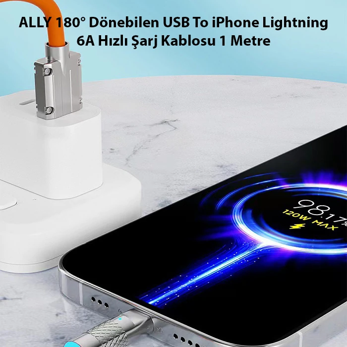 ALLY 180° Dönebilen USB To iPhone Lightning 6A Hızlı Şarj Kablosu 1 Metre-(1903)