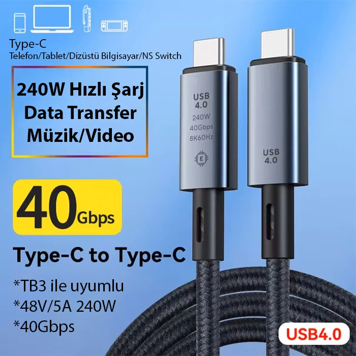 ALLY 40Gbps 240W Type-C 8K Görüntü ve Hızlı Data Şarj Kablosu-(1903)