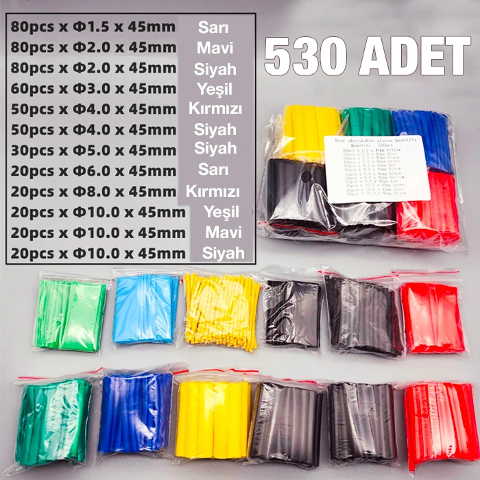 Ally 5 Renk Makaron Isı İle Daralan Kablo Seti 530 Adet 8 Boy Set-(1903)