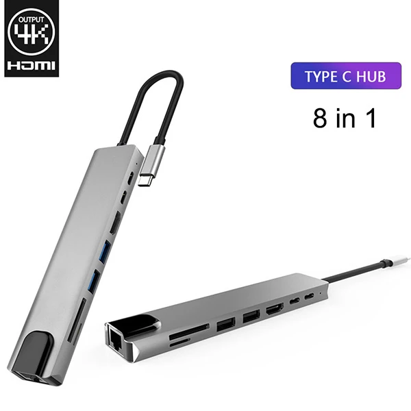Ally 8 Port Usb 8in1 3.0 Type-C Hdmi 3XUSB+2 PD) RJ45 Hub Adaptör Çoklayıcı TF SD Kart-(1903)