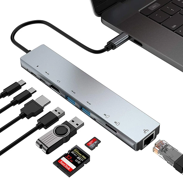 Ally 8 Port Usb 8in1 3.0 Type-C Hdmi 3XUSB+2 PD) RJ45 Hub Adaptör Çoklayıcı TF SD Kart-(1903)