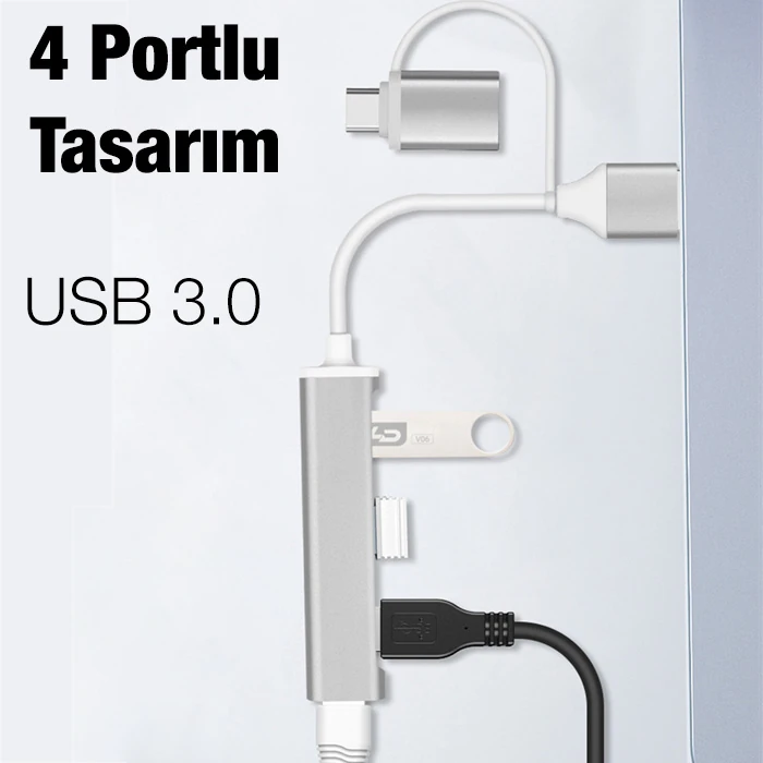 ALLY A-806 4in1 Type-C + USB Girişli USB 3.0 Çoğaltıcı Hub Adaptör Çevirici-(1903)