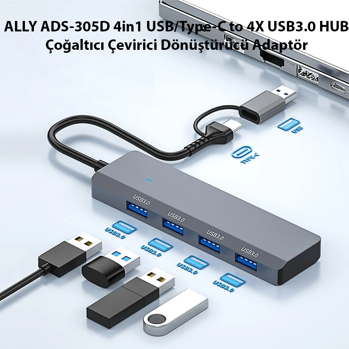 ALLY ADS-305D 4in1 USB/Type-C to 4X USB3.0 HUB Çoğaltıcı Çevirici Dönüştürücü Adaptör-(1903)