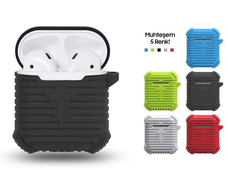 Ally Apple Airpods İçin Sert Darbe Emici Silikon Kılıf Anahtarlıklı-(1903)