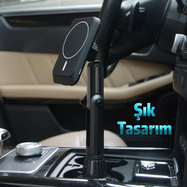 ALLY Araç Bardaklık Telefon Tutucu Magsafe iPhone 15-14-13-12 Serisi 15W Kablosuz Hızlı Şarj Cihazı-(1903)