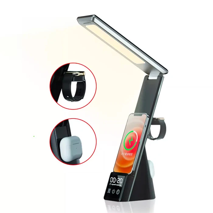 ALLY Dijital Saatli 15W Kablosuz Şarjlı LED Işıklı Katlanabilir Masa Lambası-(1903)