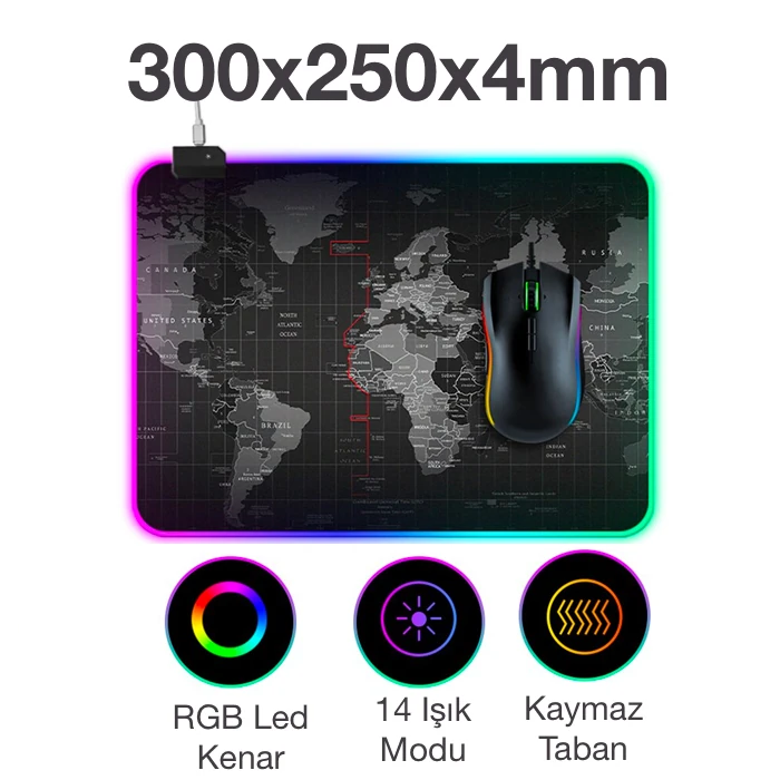 ALLY Dünya Desenli RGB Led Işıklı Oyuncu Mouse Pad 300*250*4MM-(1903)