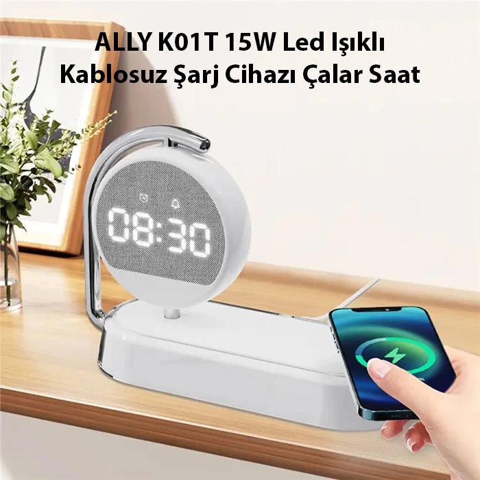 ALLY K01T 15W Led Işıklı Kablosuz Şarj Cihazı Çalar Saat-(1903)