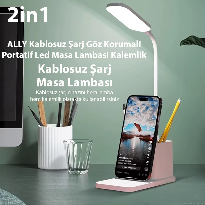 ALLY Kablosuz sarj Göz Korumali Portatif Led Masa Lambasi Kalemlik-(1903)