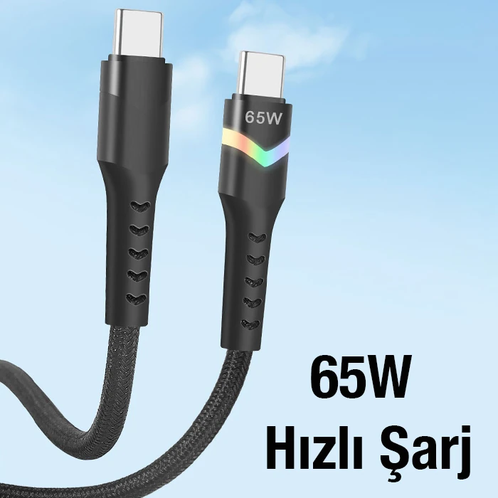 ALLY Led Işıklı 65W Type-C To Type-C Hızlı Şarj Kablosu 1m-(1903)