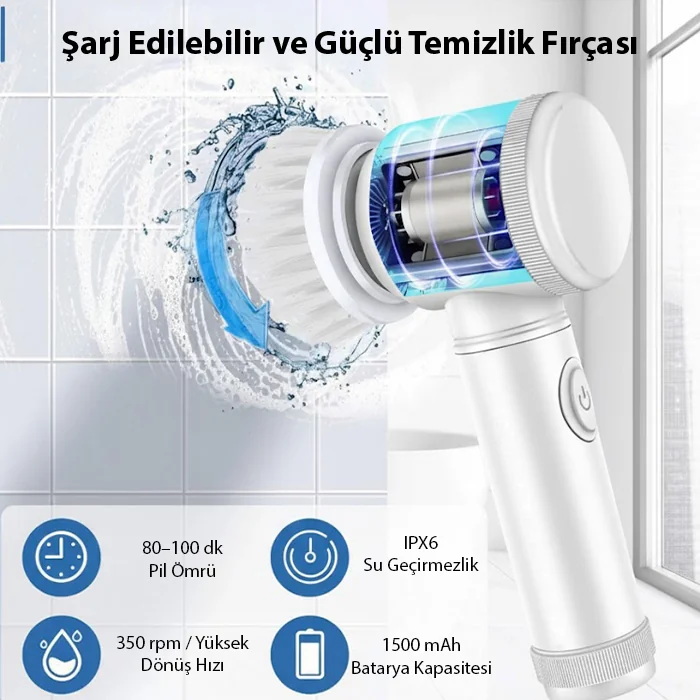 ALLY Magic Brush 5in1 Fırça Başlıklı Şarjlı Temizleme Fırçası Banyo/Fayans/Zemin Temizleyici-(1903)