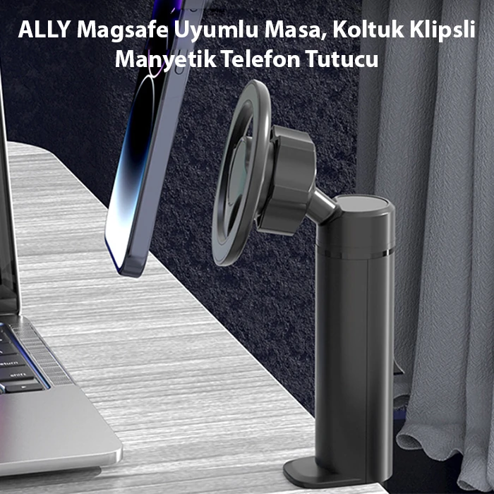 ALLY Magsafe Uyumlu Masa Koltuk Klipsli Manyetik Telefon Tutucu-(1903)