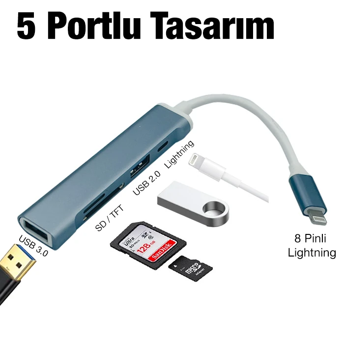 Ally S-503 5in1 Lightning to USB + SD Kart Hub Adaptör Çevirici Dönüştürücü-(1903)