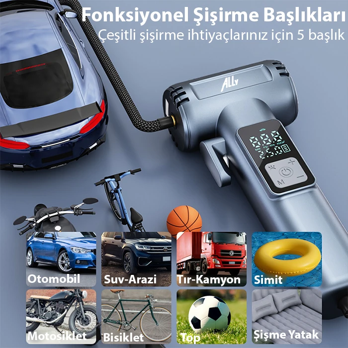 Ally ST-5530 Dijital  Şarjlı Araç Lastik Hava Şişirme Pompası Powerbank Pencere kırıcı-(1903)