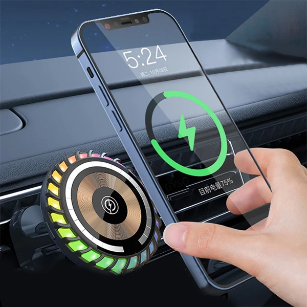 ALLY W06 MagSafe RGB 15W Kablosuz Hızlı Şarj Cihazı ve Araç İçi Telefon Tutucu-(1903)