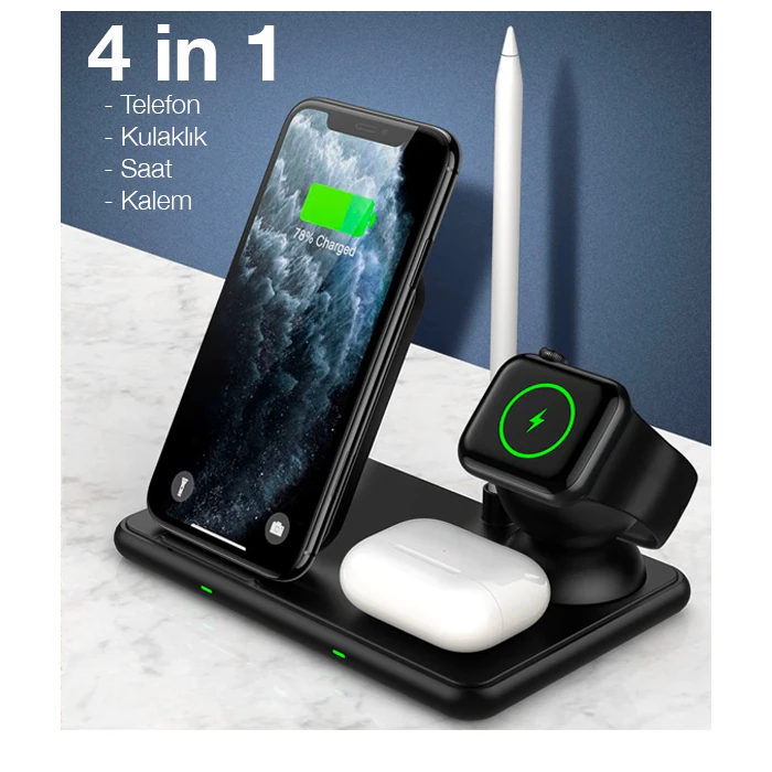 ALLY W58 15W Qi Hızlı Şarj 4 in 1 iPhone+ AirPods Pro Kablosuz Şarj Standı-(1903)