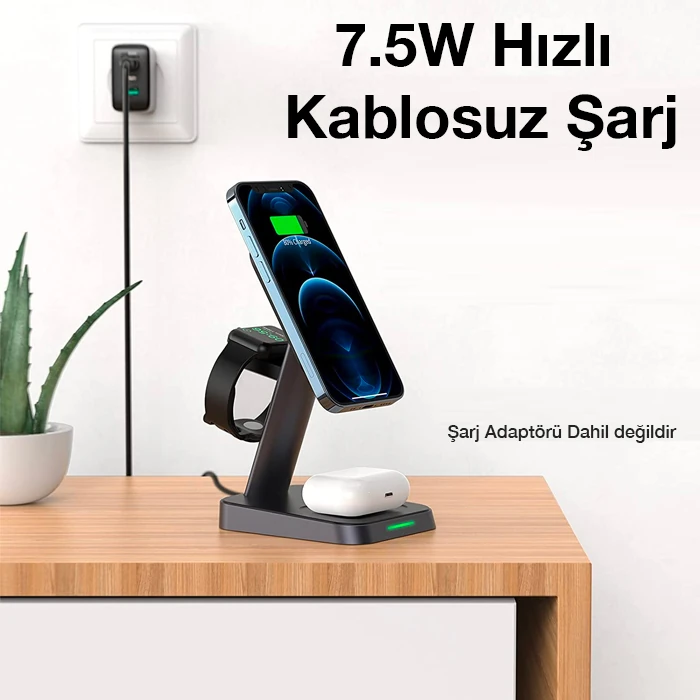 ALLY W68 15W 3in1 Manyetik ve Katlanabilir Portatif Masaüstü Kablosuz Şarj Standı-(1903)