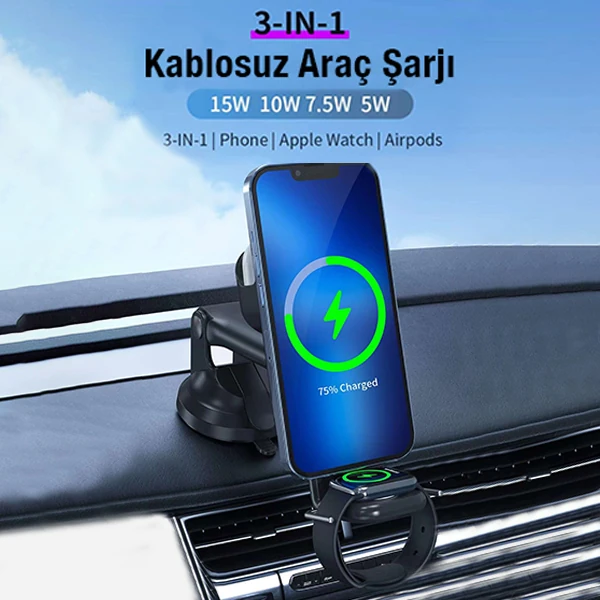 Ally Wireless Şarjlı 3in1 Torpido Üstü Ve Havalandırma Telefon Kulaklık Saat Tutucu-(1903)