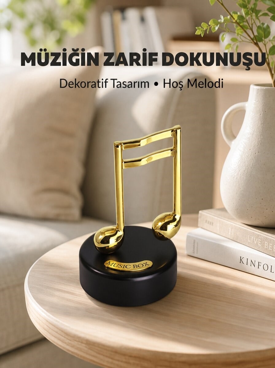 Altın Nota Figürlü Dönen Müzik Kutusu Dekoratif Music Box Yeni Nesil