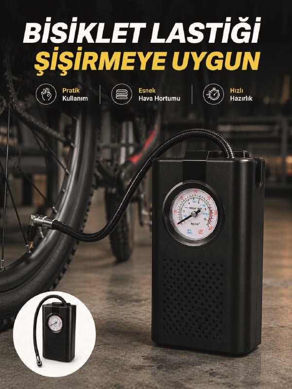 Analog Manometreli Kompakt Araç Hava Pompası Lastik Şişirme Cihazı