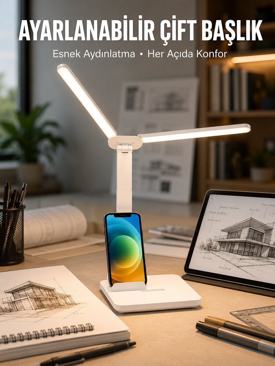 Ayarlanabilir Kısılabilir LED Masa Lambası | Entegre Kalemlik ve Telefon Tutucu Özellikli Yeni Nesil