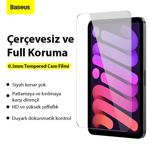 Baseus 0.3mm iPad Mini 6 (2021) ve Mini 7 (2024) Tempered Cam Ekran Koruyucu-(1903)