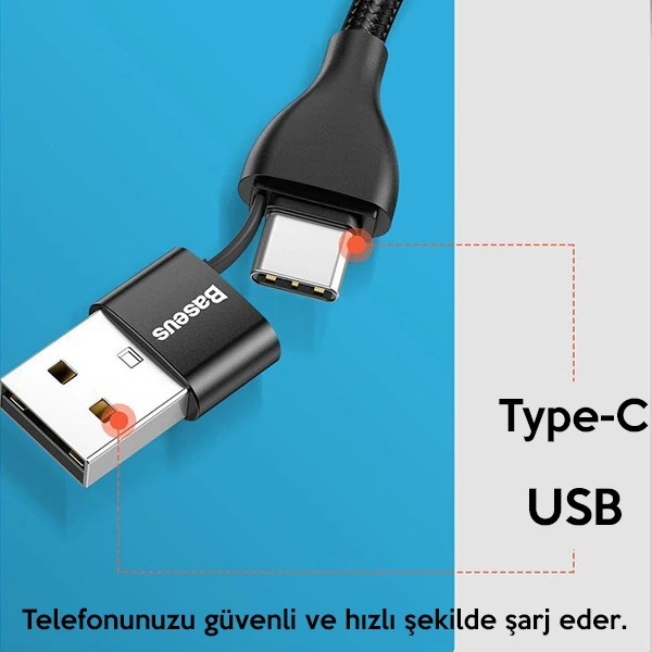Baseus 2in1 Dual Output Cable/USB-A+Type-C İPhone 18W Hızlı Şarj Usb Kablo 1m-(1903)