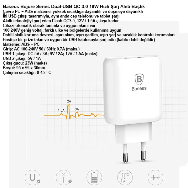 Baseus Bojure Series Dual-USB QC 3.0 18W Hızlı Şarj Aleti Başlık-(1903)