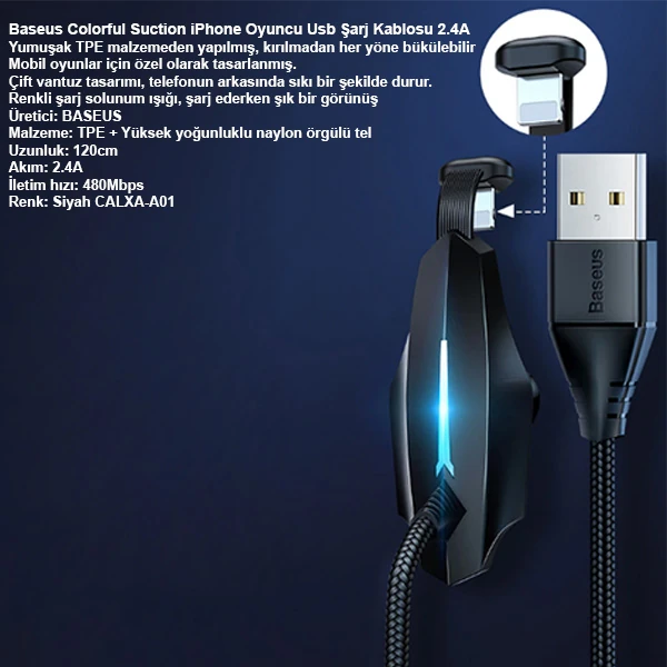 Baseus Colorful Suction iPhone Oyuncu Usb Şarj Kablosu 2.4A 1.2m-(1903)