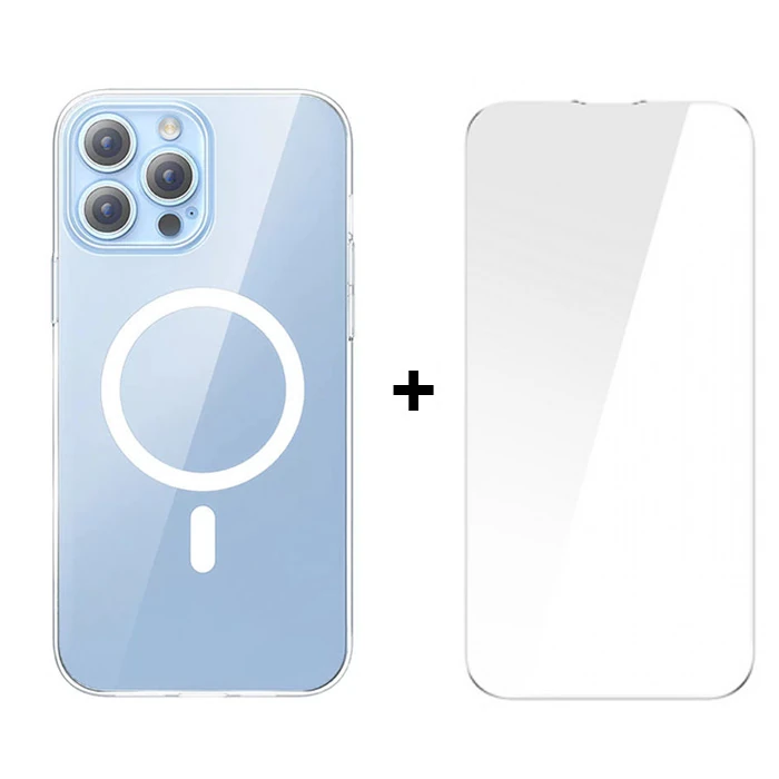 Baseus Crystal iPhone 13 Pro Magsafe Silikon Kılıf + Tempered Ekran Koruyucu Set-(1903)