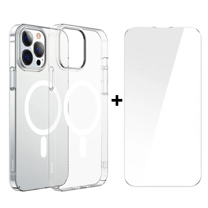 Baseus Crystal iPhone 13 Pro Max 6.7 Magsafe Silikon Kılıf + Tempered Ekran Koruyucu Set-(1903)
