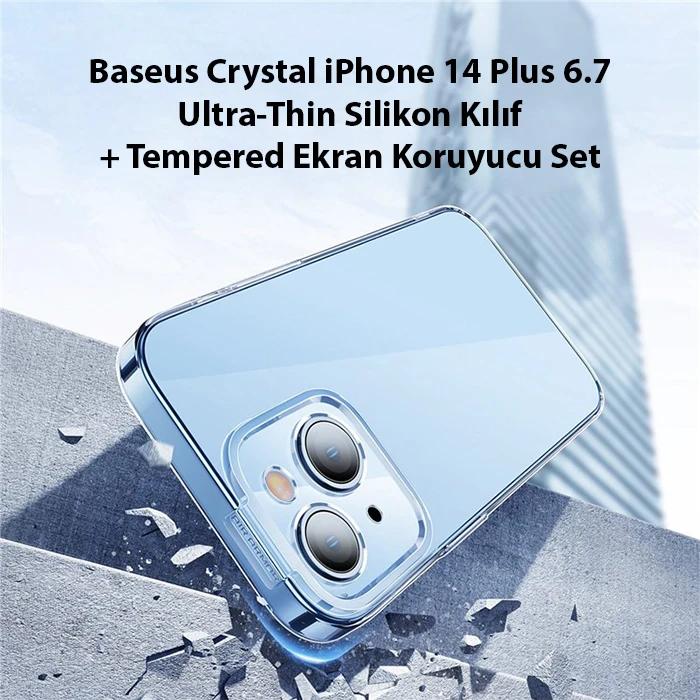 Baseus Crystal iPhone 14 Plus 6.7 Ultra-Thin Silikon Kılıf + Tempered Ekran Koruyucu Set-(1903)