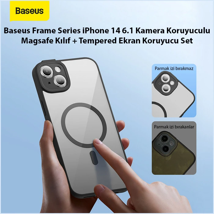 Baseus Frame Series iPhone 14 6.1 Kamera Koruyuculu Magsafe Kılıf + Tempered Ekran Koruyucu Set-(1903)