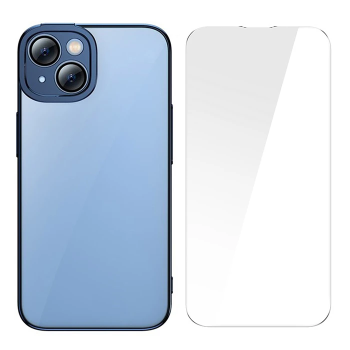 Baseus Glitter iPhone 14 6.1 Renkli Kenar Silikon Kılıf + Tempered Ekran Koruyucu Set-(1903)