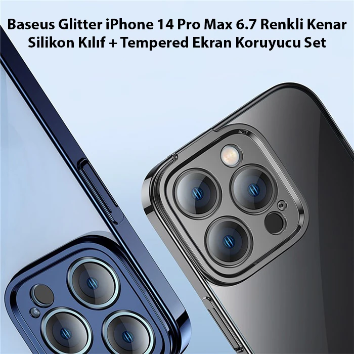Baseus Glitter iPhone 14 Pro Max 6.7 Renkli Kenar Silikon Kılıf + Tempered Ekran Koruyucu Set-(1903)