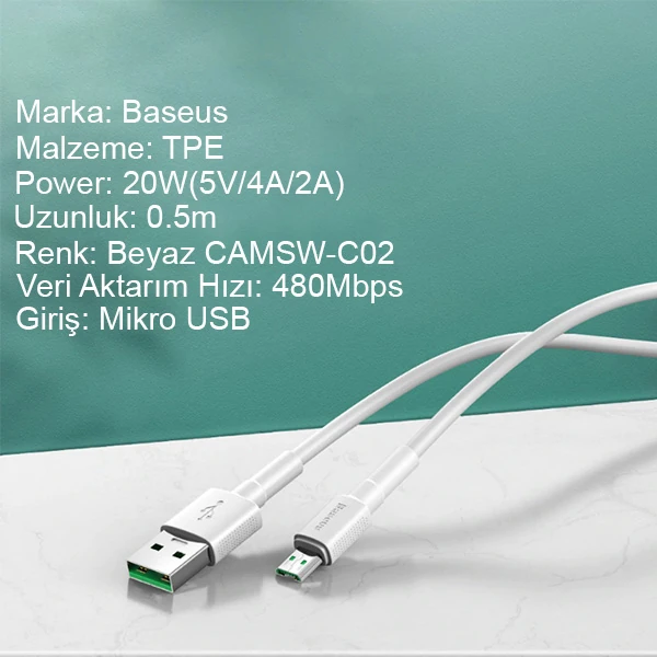 Baseus Mini White Micro USB 4A OPPO VIVO Dash Usb Şarj Kablosu 0.5cm-(1903)