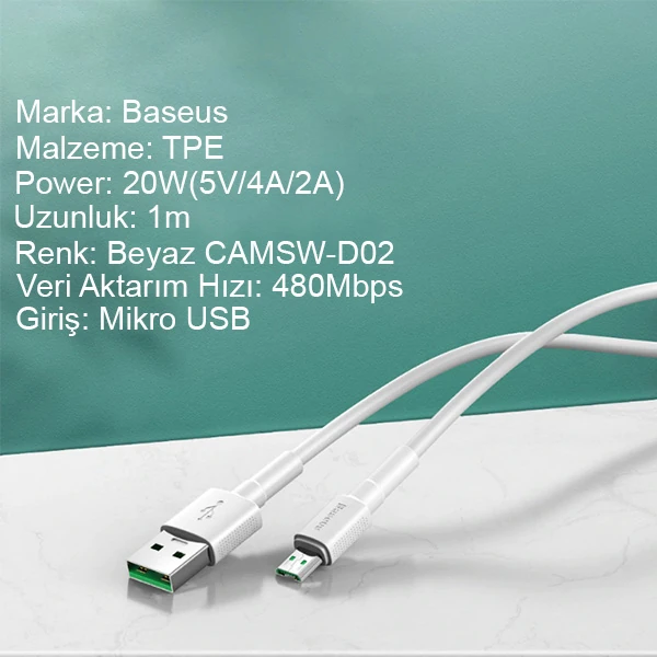 Baseus Mini White Micro USB 4A OPPO VIVO Dash Usb Şarj Kablosu 1Metre-(1903)