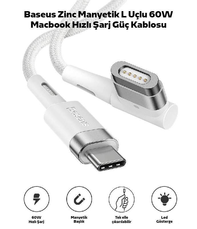 Baseus Zinc Manyetik L Uçlu 60W Macbook Hızlı Şarj Güç Kablosu 2m-(1903)