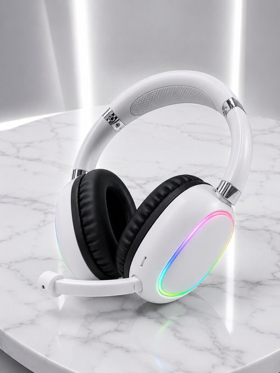 Beyaz Bluetooth 5.0 Mikrofonlu Kablosuz Kulak Üstü Kulaklık RGB Işıklı Type-C Şarjlı