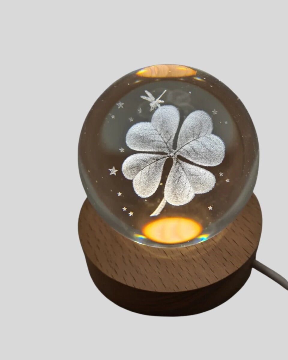 Bitki Temalı LED Işıklı Cam Küre Ahşap Standlı Modern Gece Lambası
