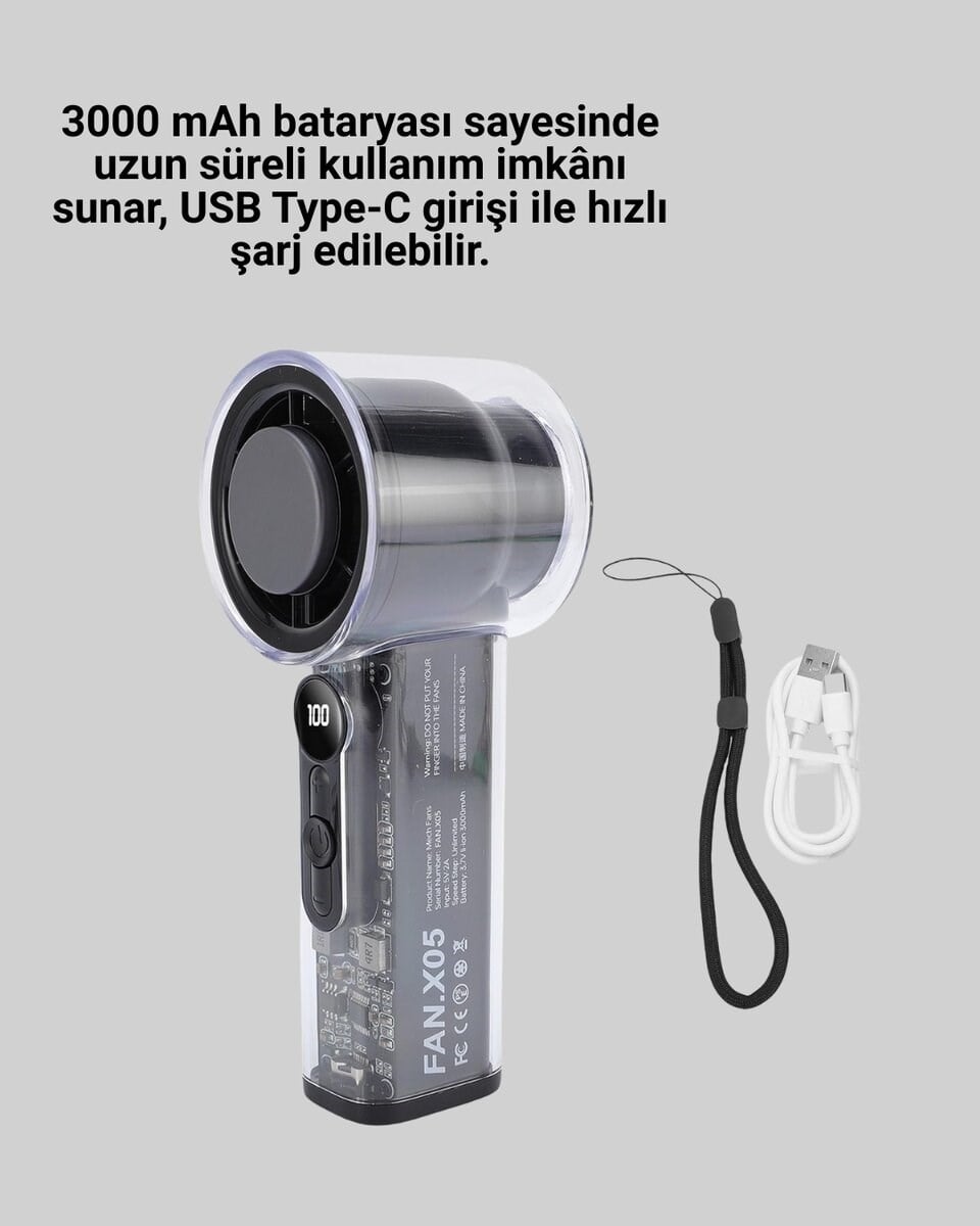 Dijital Ekranlı Şarjlı Mini Fan 100 Kademeli Hız Ayarı