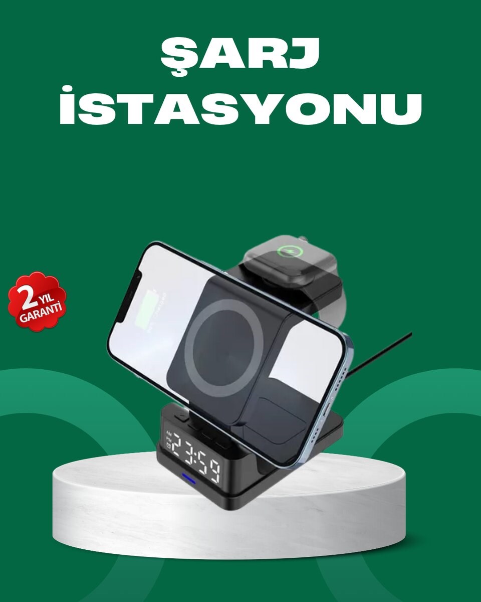 Dijital Saatli Kablosuz Şarj İstasyonu – 3’ü 1 Arada Apple Uyumlu Hızlı Şarj ve LED Ekran