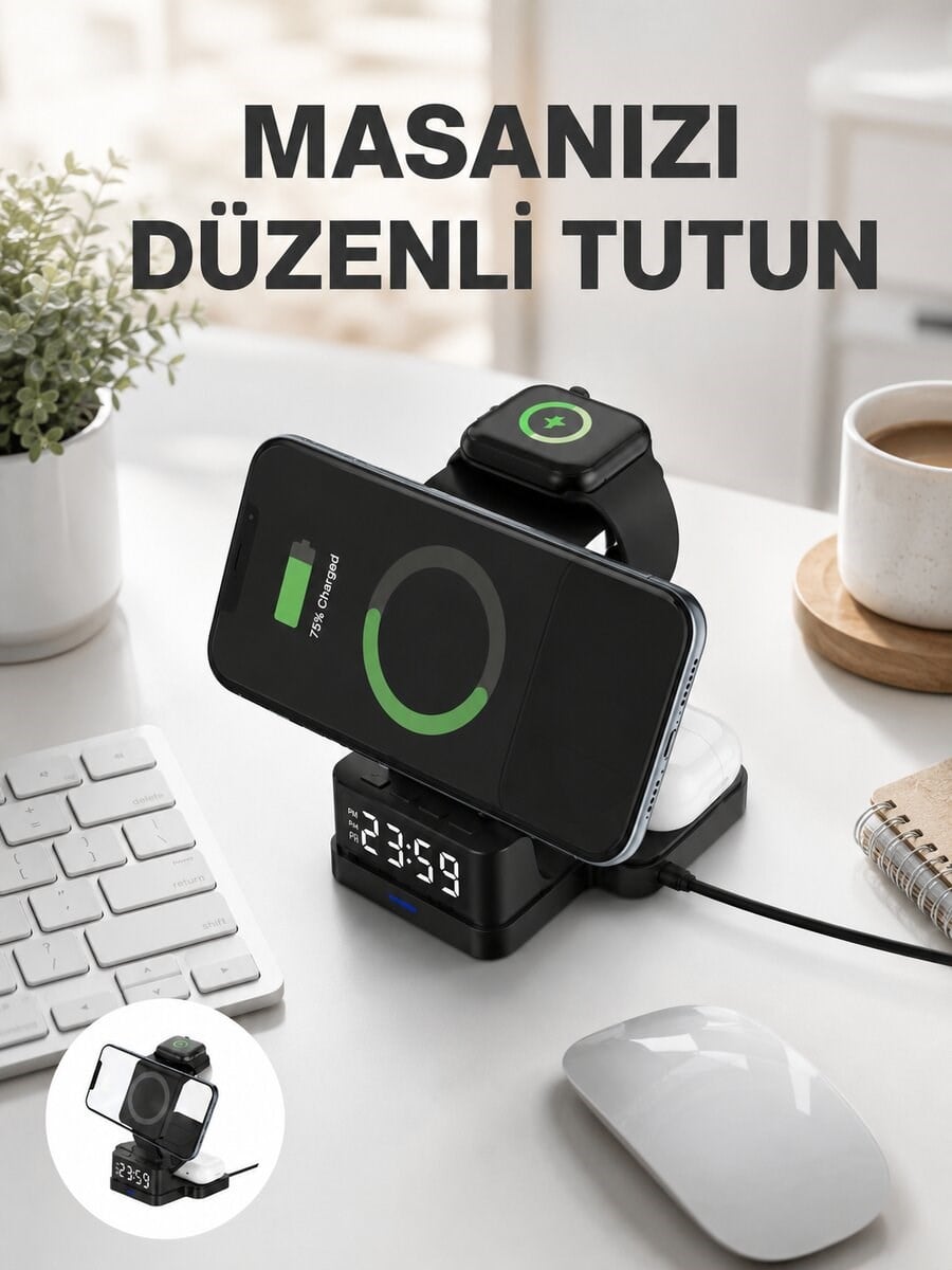 Dijital Saatli Kablosuz Şarj İstasyonu – 3’ü 1 Arada Apple Uyumlu Hızlı Şarj ve LED Ekran Yeni Nesil