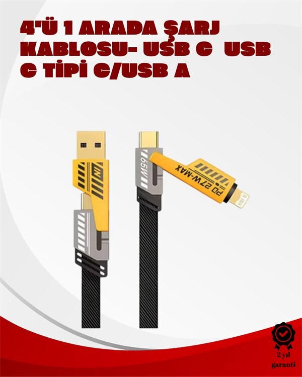 Dönüştürülebilir 4 Başlıklı Hızlı Şarj Kablosu – 1.2m, 65W, Dayanıklı ve Esnek Tasarım