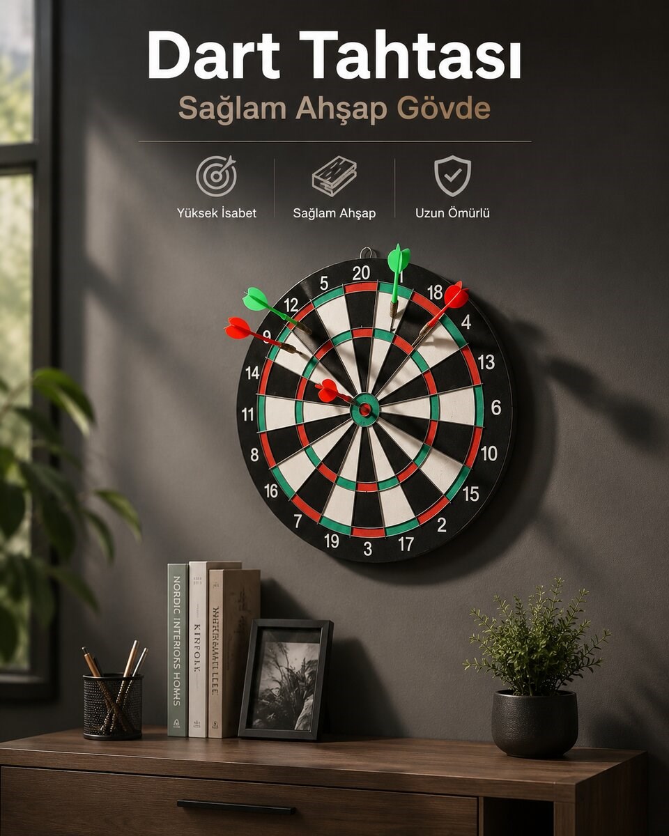 Duvara Monte Sağlam Ahşap Gövdeli Dart Tahtası Ev ve Oyun Alanları İçin 17 İnç